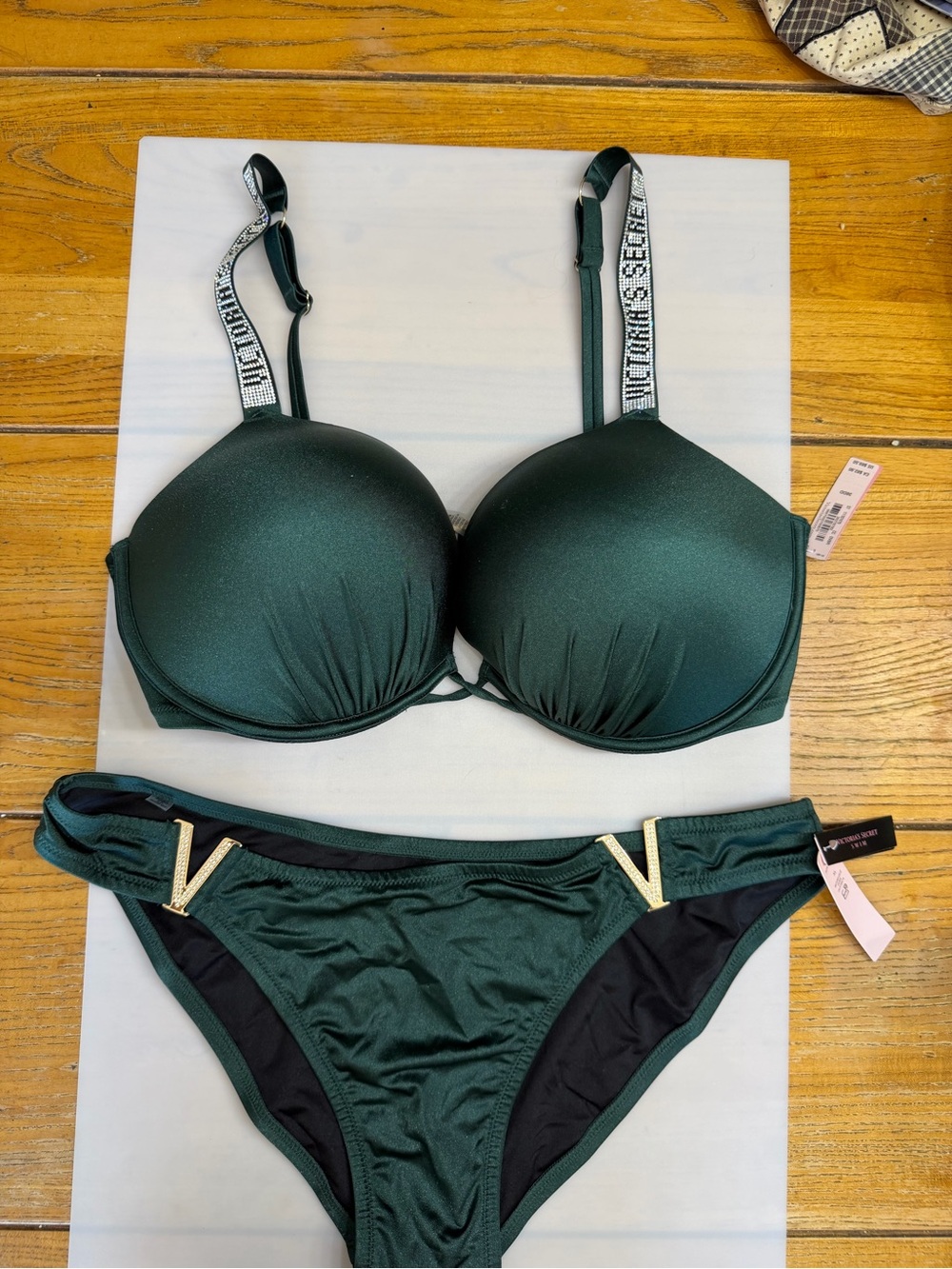 Victoria's Secret Emerald Green Padded Logo-Strip Bikini Set